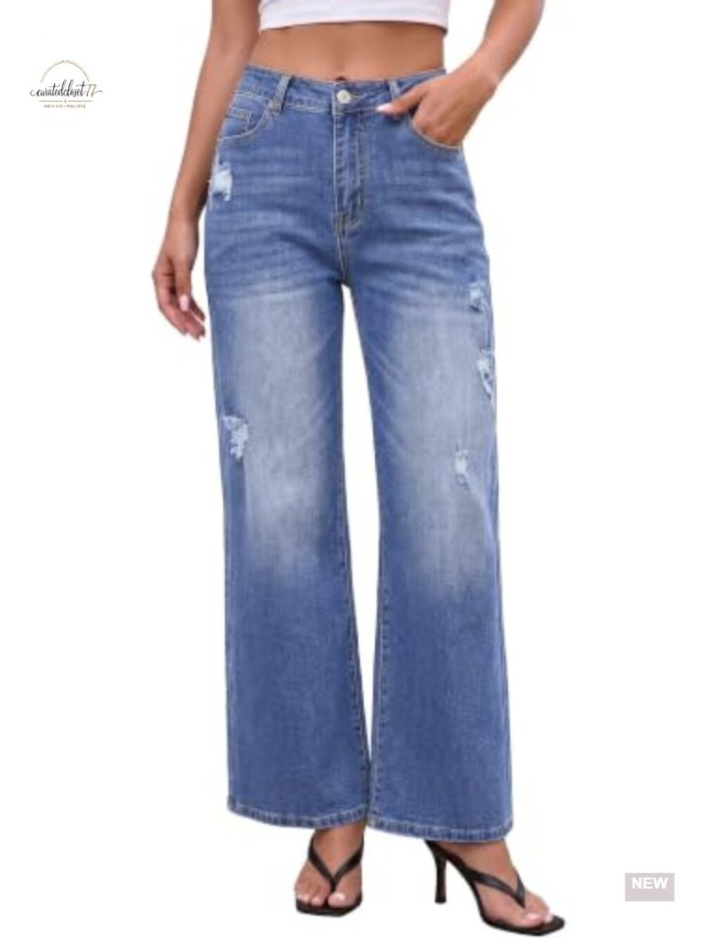 High Waisted Wide Leg Boyfriend Jeans Ripped Stretch Denim